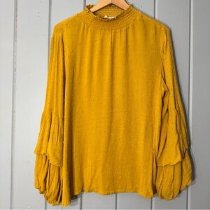 Easel Golden Yellow Swiss Dot Top‎ double Puff Long Sleeve Smocked Mock Neck S